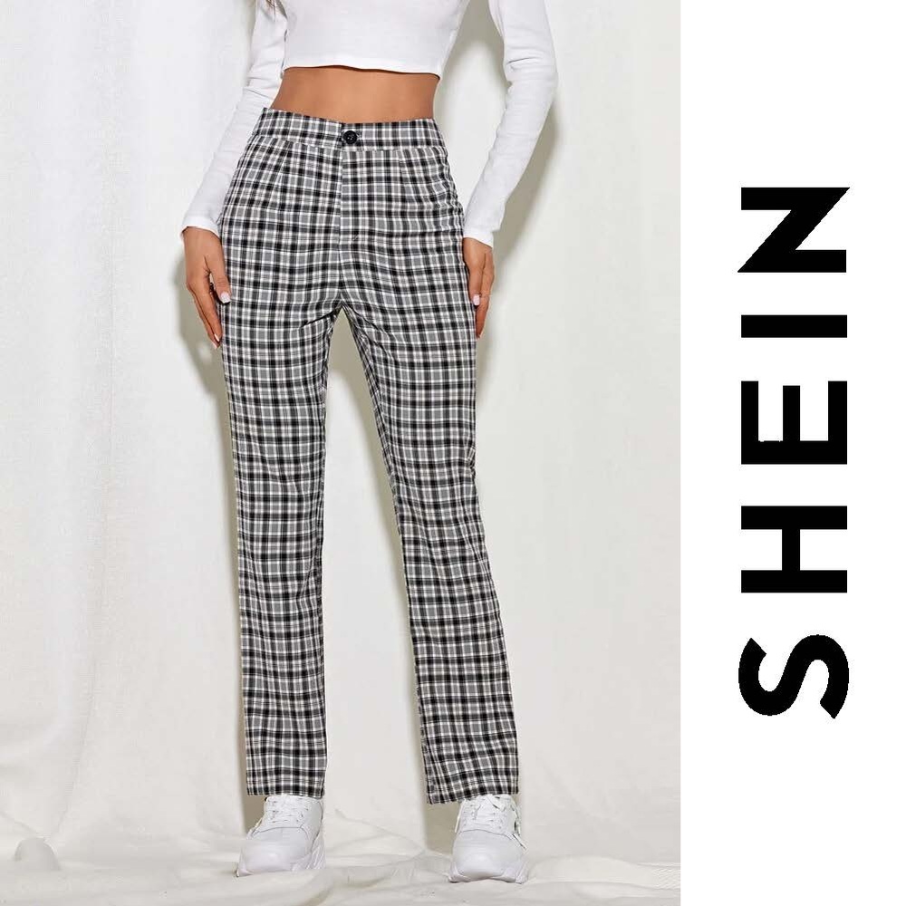SHEIN High Waist Plaid Straight Leg Pants